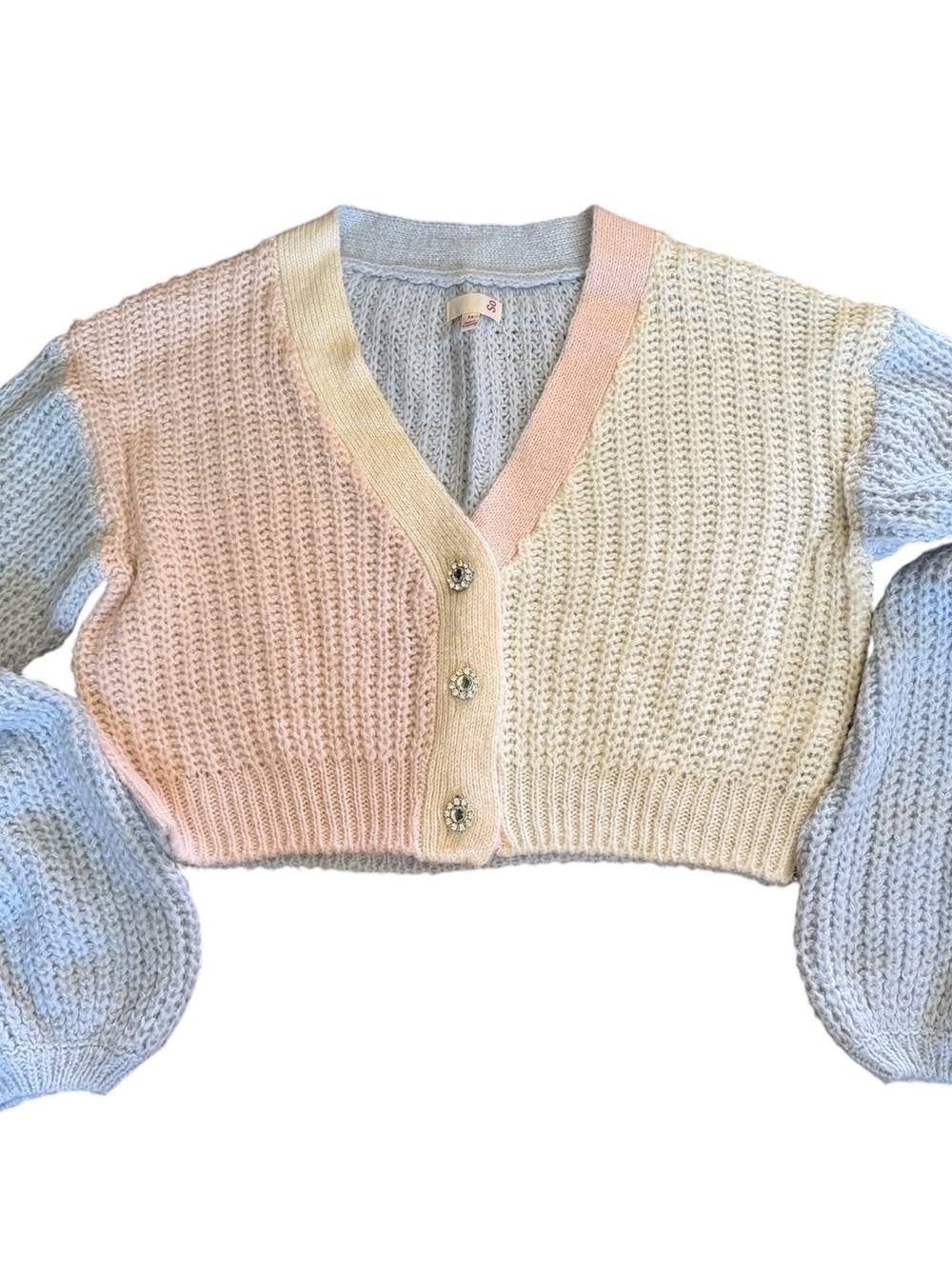🌟SO Pastel Colorblock Cropped Cardigan Bubble Sleeve - Pink, Cream, Light Blue
